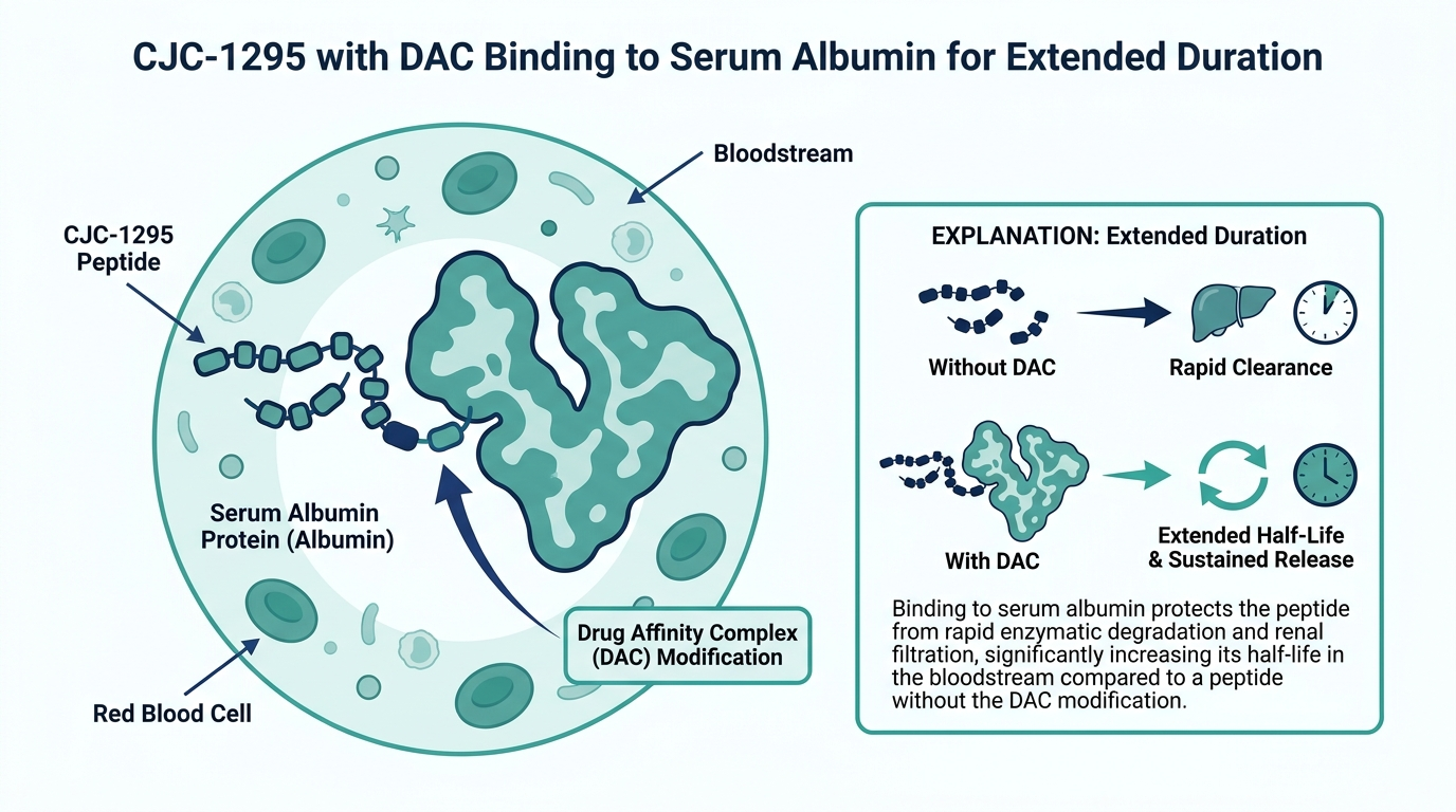 Diagram of CJC-1295 with DAC modification binding serum albumin in the bloodstream to extend duration of action