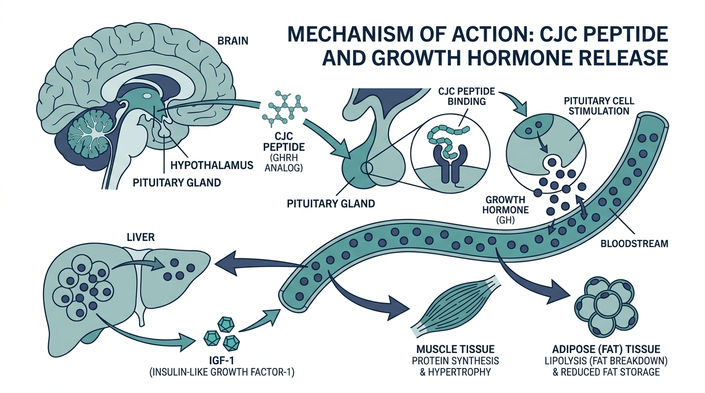 Diagram of CJC peptide acting on the pituitary gland to stimulate growth hormone release and IGF-1 production in the liver
