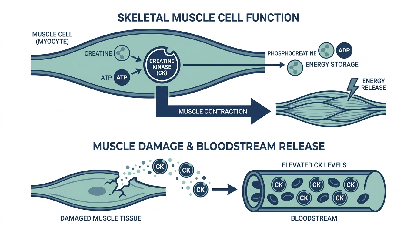 Diagram of creatine kinase enzyme function in skeletal muscle cells and its release into the bloodstream with muscle damage
