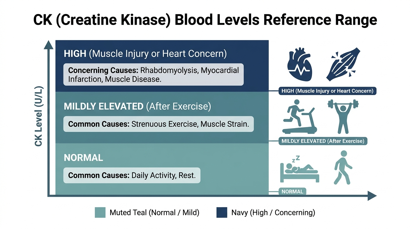Reference range chart for CK blood levels showing normal, mildly elevated after exercise, and high muscle injury bands
