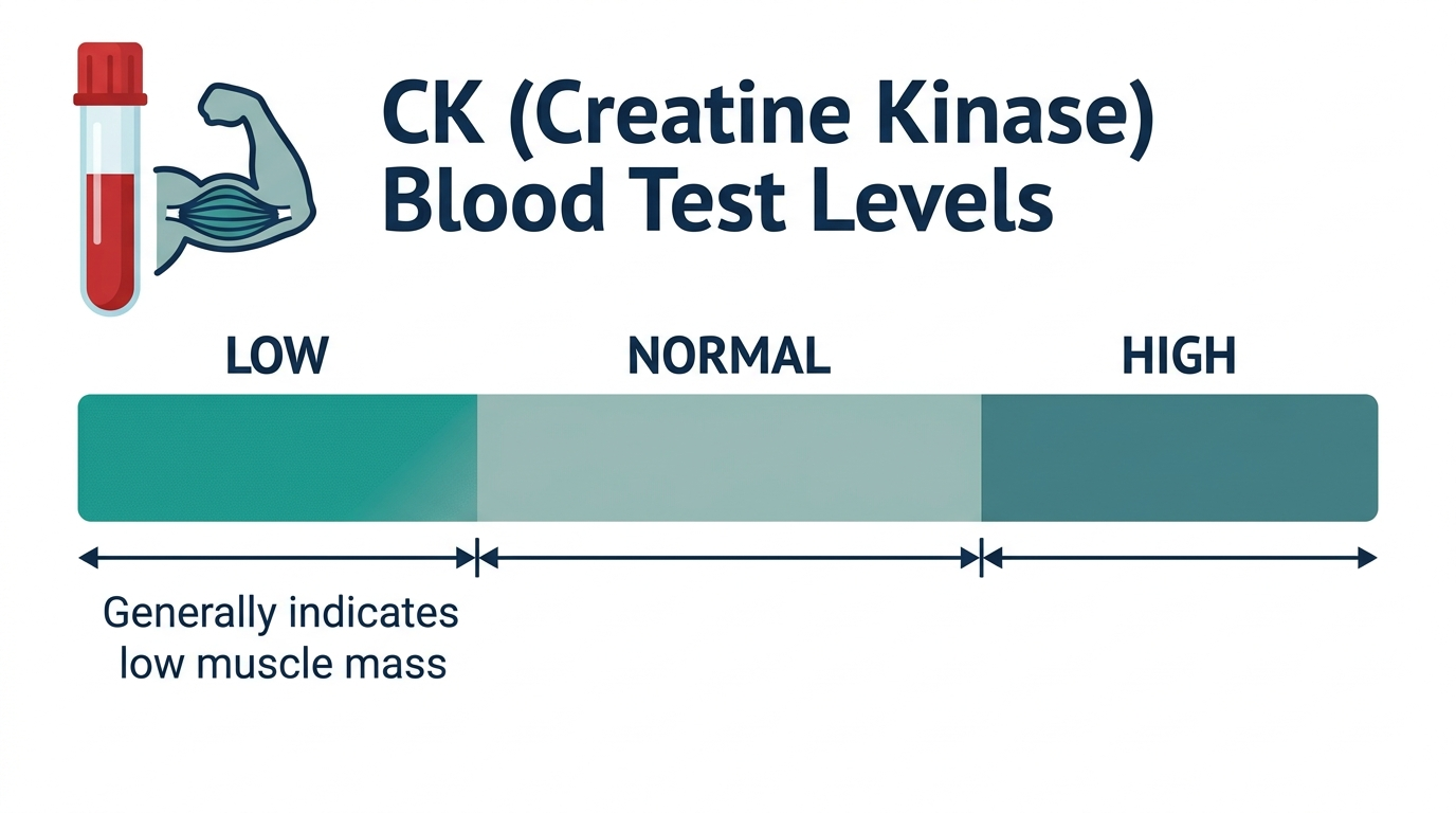 Schematic chart showing low, normal, and high CK blood test reference bands