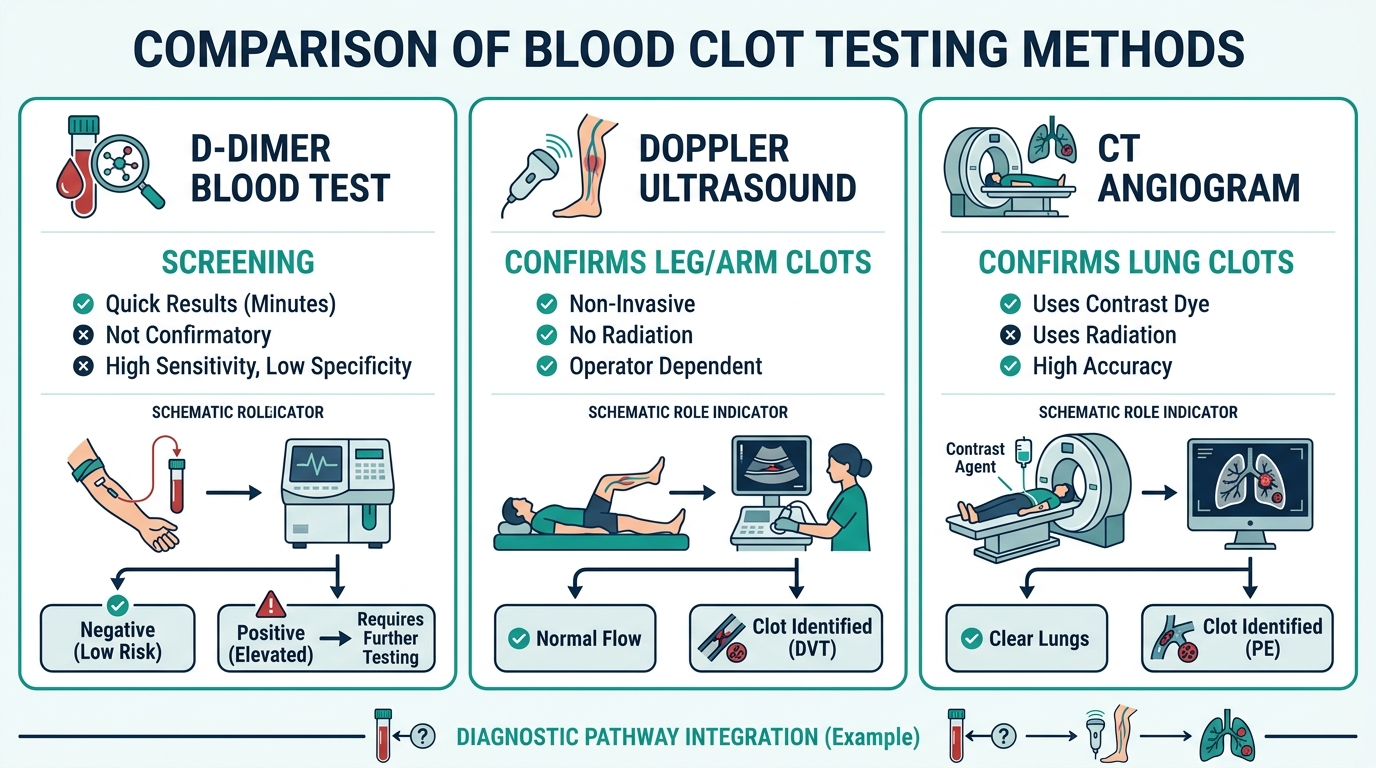 Comparison chart of D-dimer blood test, Doppler ultrasound, and CT angiogram and their roles in diagnosing blood clots