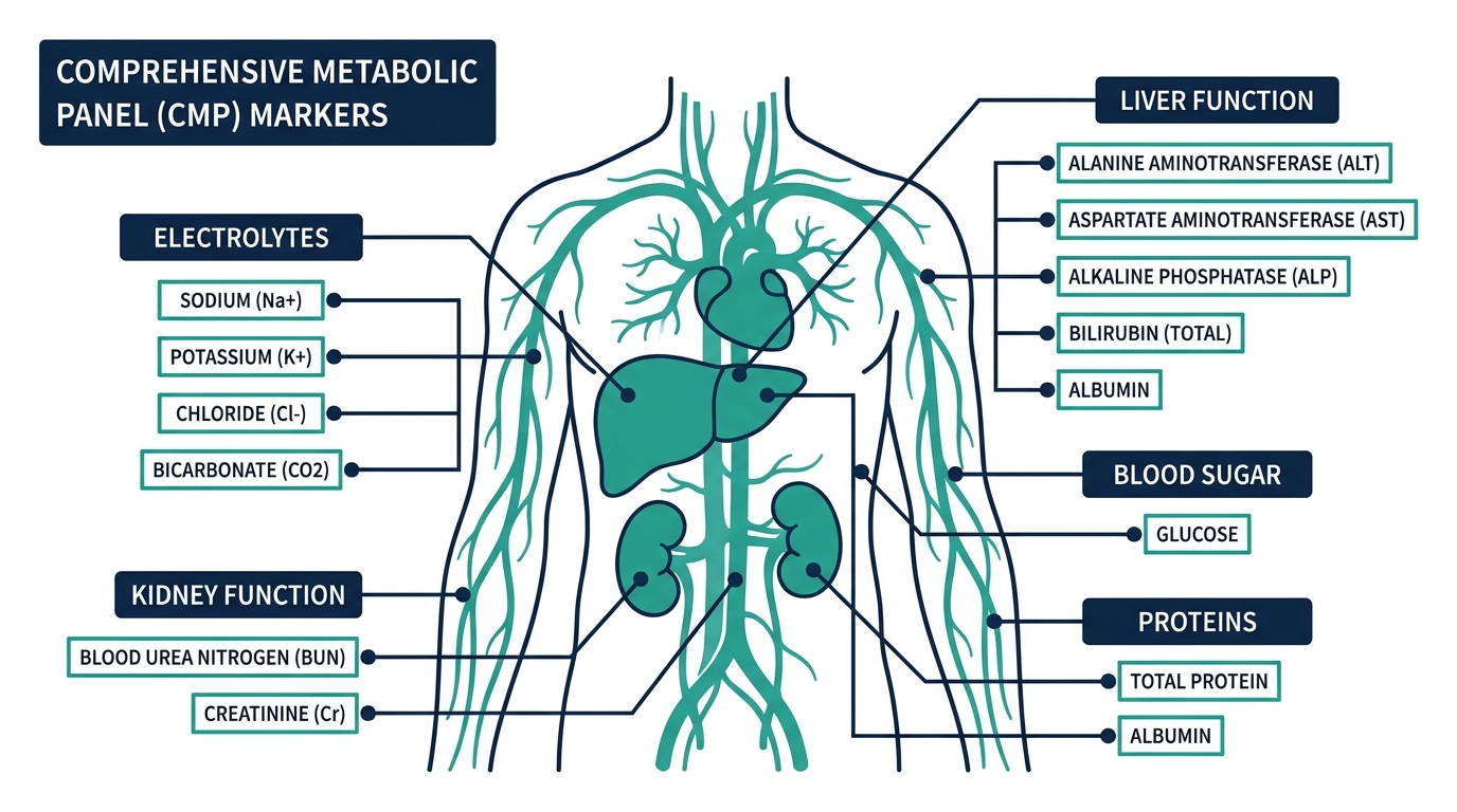 Body diagram showing the liver, kidneys, and bloodstream connected to the 14 Comprehensive Metabolic Panel markers grouped by category