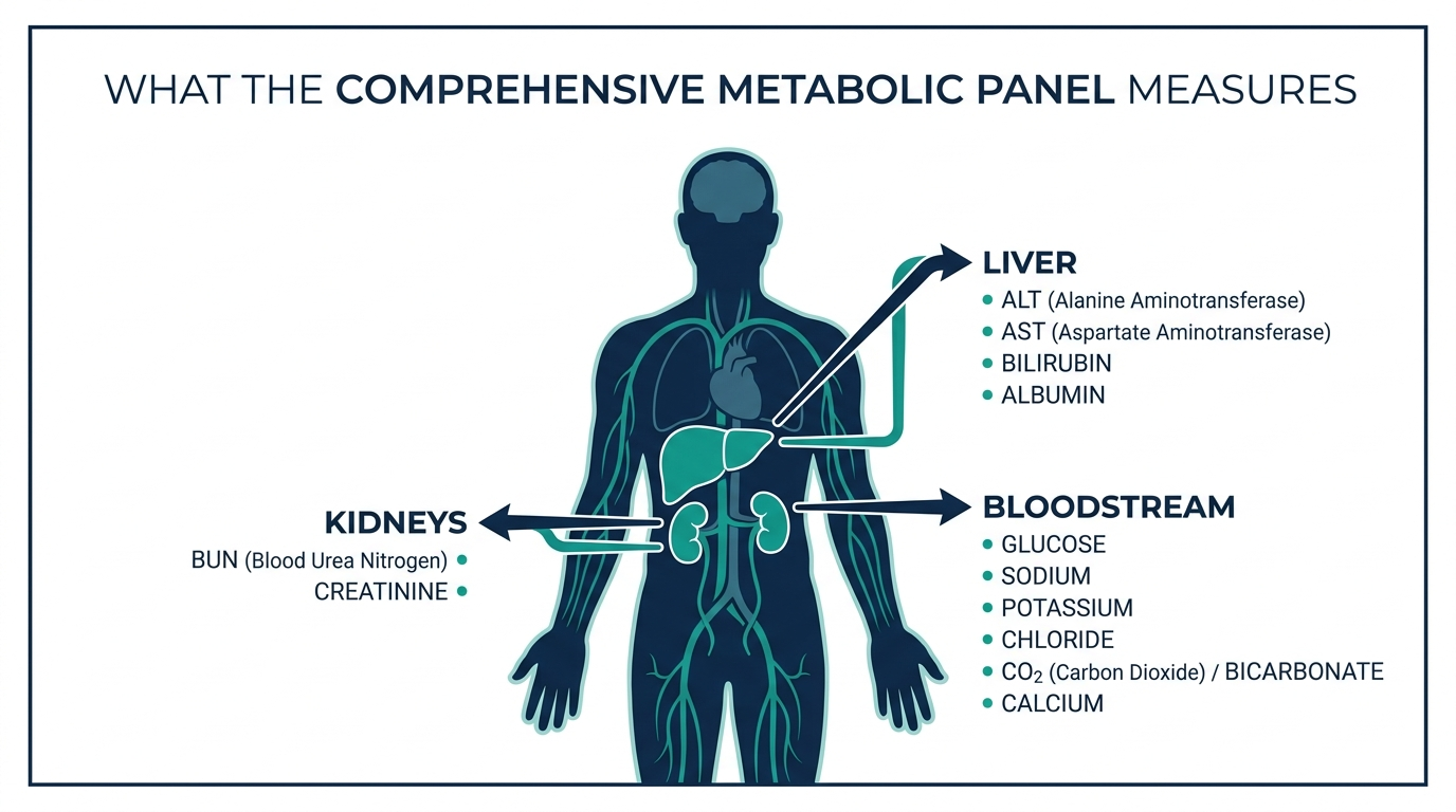 Anatomical diagram showing the organs and systems measured by the Comprehensive Metabolic Panel
