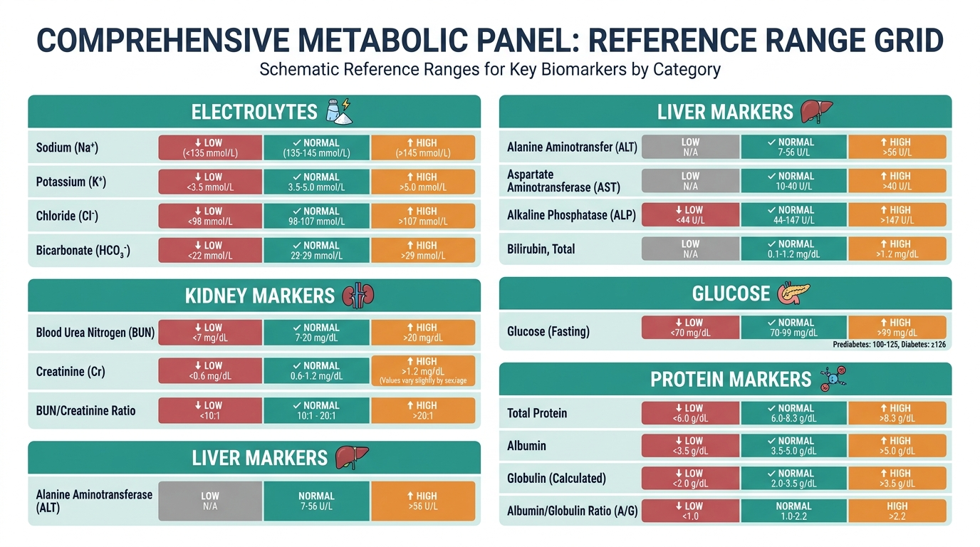 Grid chart of CMP reference ranges grouped by electrolytes, kidney, liver, glucose, and protein categories