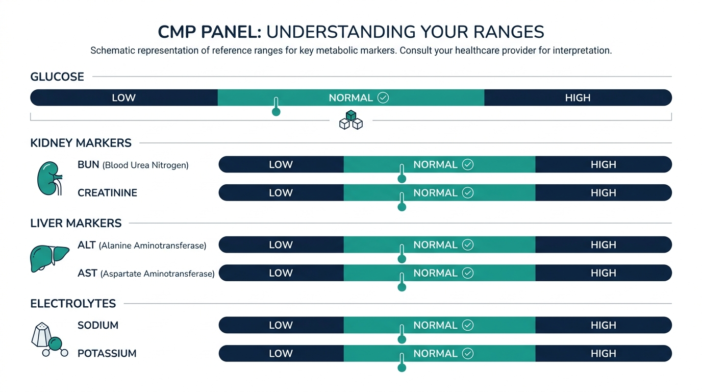 Schematic chart showing low, normal, and high reference bands for CMP markers