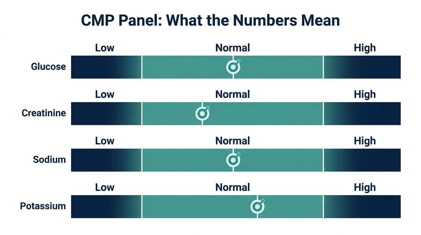 Schematic chart showing low, normal, and high reference bands for glucose, creatinine, sodium, and potassium
