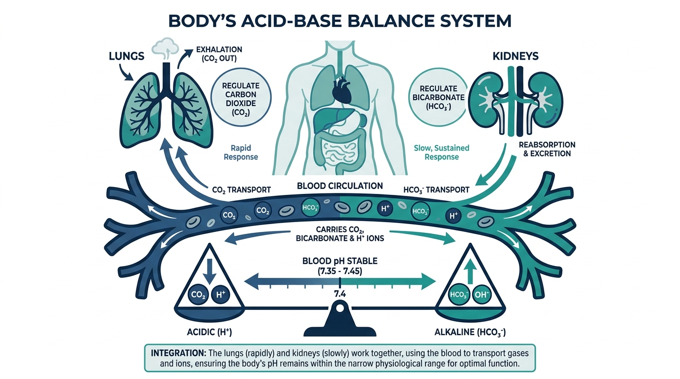 Diagram of acid-base balance showing lungs regulating CO2 and kidneys regulating bicarbonate to keep blood pH stable