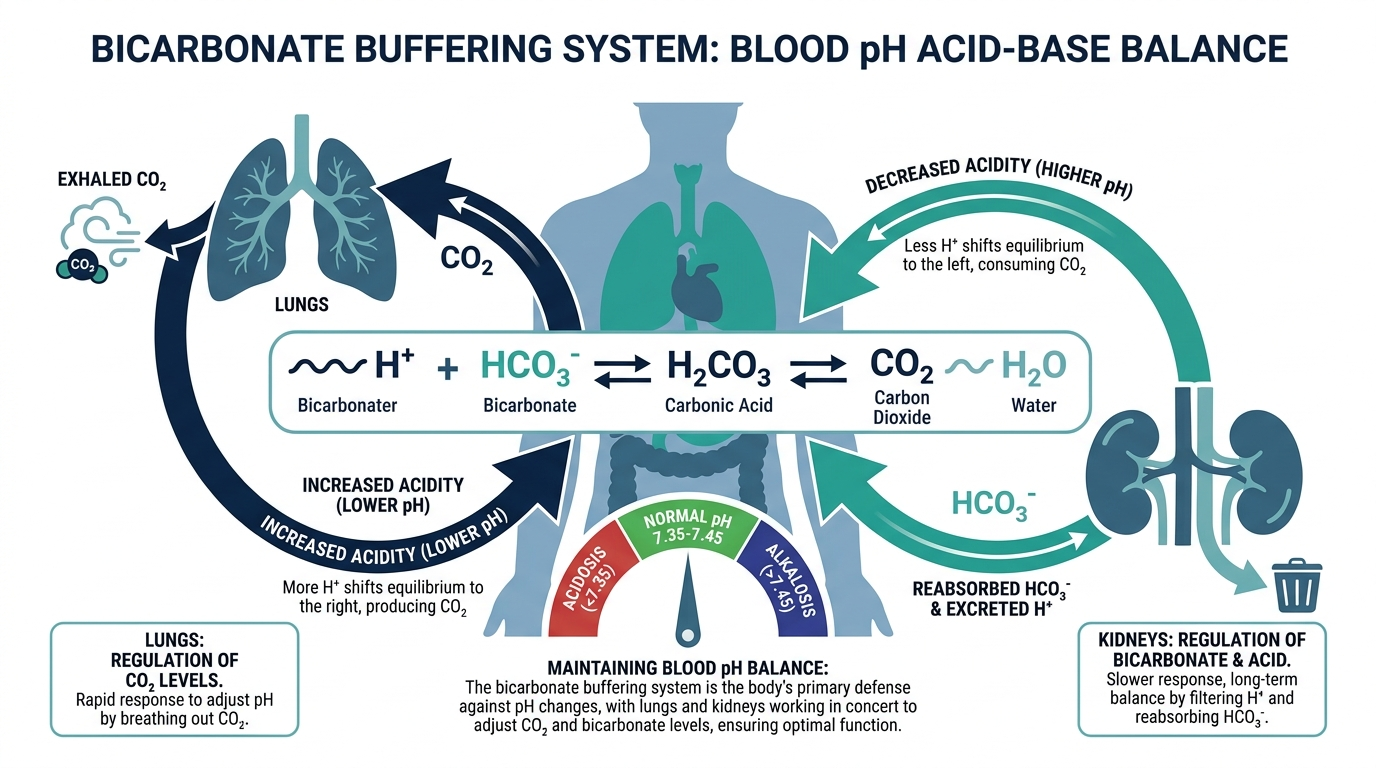Diagram of lungs and kidneys regulating CO2 and bicarbonate to maintain blood pH acid-base balance