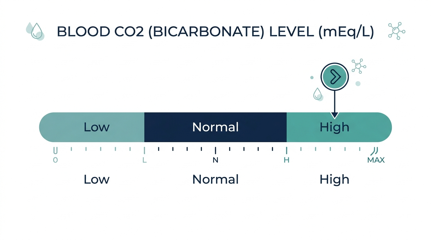 Schematic reference-range chart for blood CO2 (bicarbonate) levels showing Low, Normal, and High bands