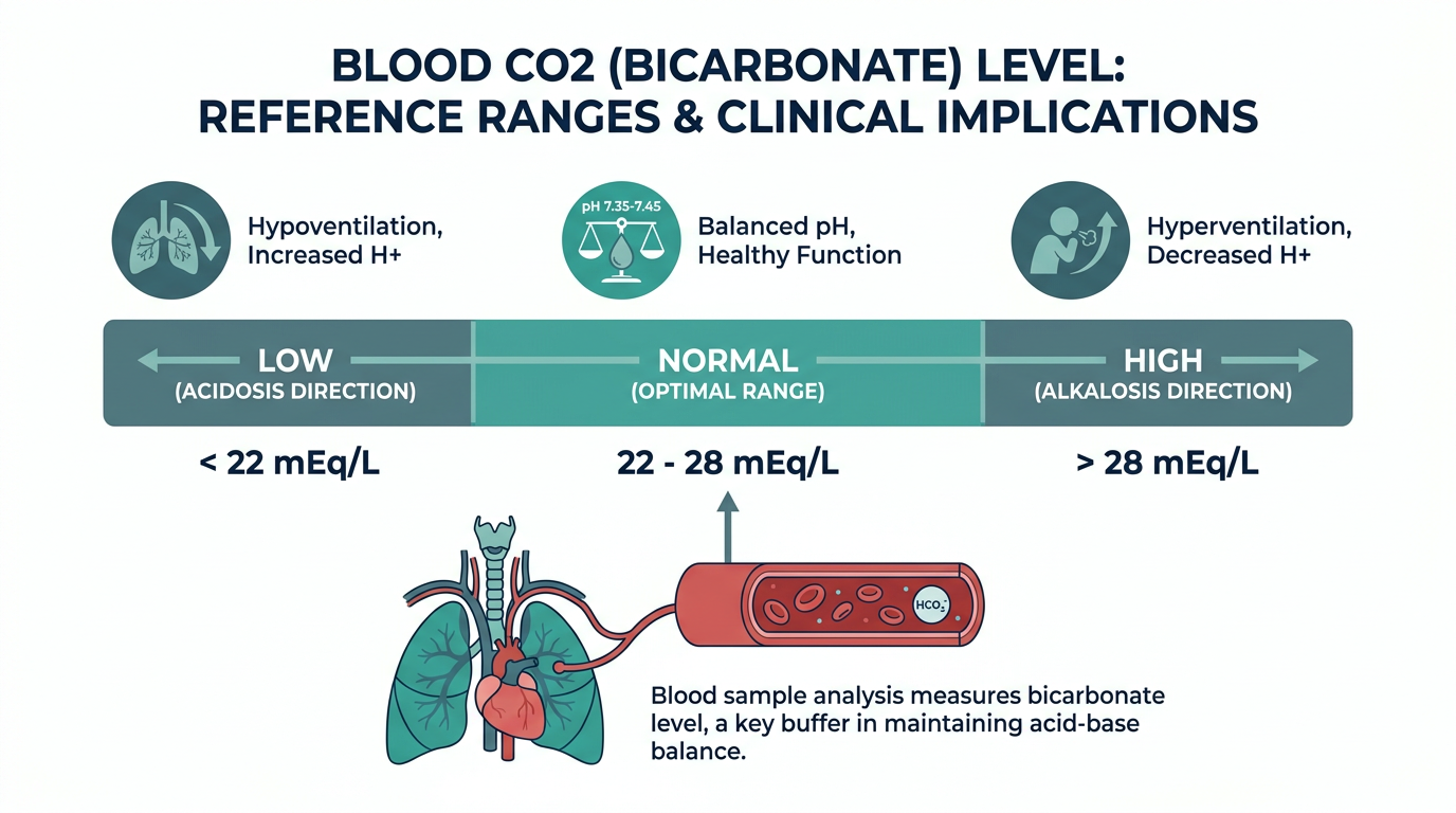 Schematic reference range chart for blood CO2 showing low, normal, and high bands toward acidosis or alkalosis