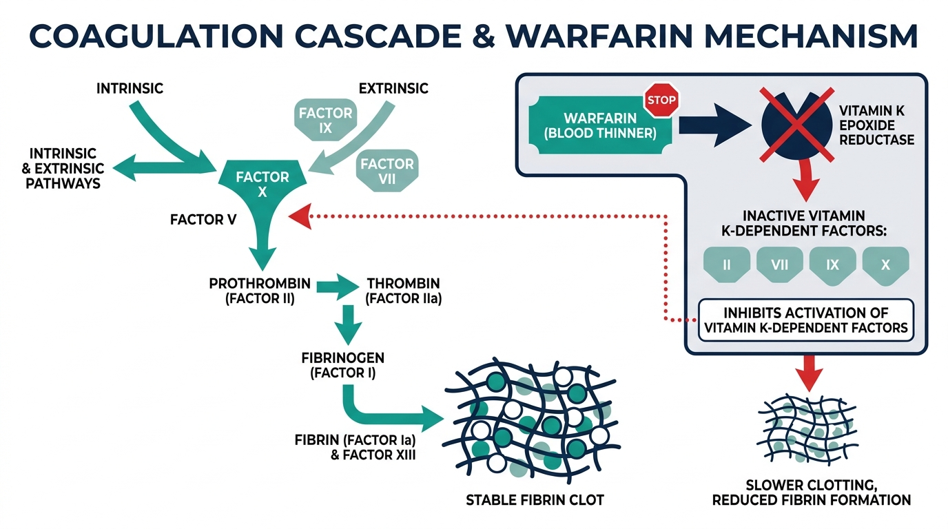 Coagulation cascade diagram showing clotting factors forming a fibrin clot, with warfarin shown slowing the pathway