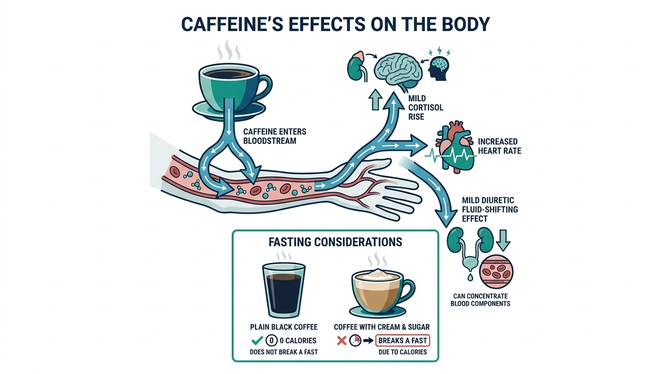 Diagram showing caffeine's effects on cortisol, heart rate, and fluid balance, with a comparison of black coffee versus coffee with cream and sugar
