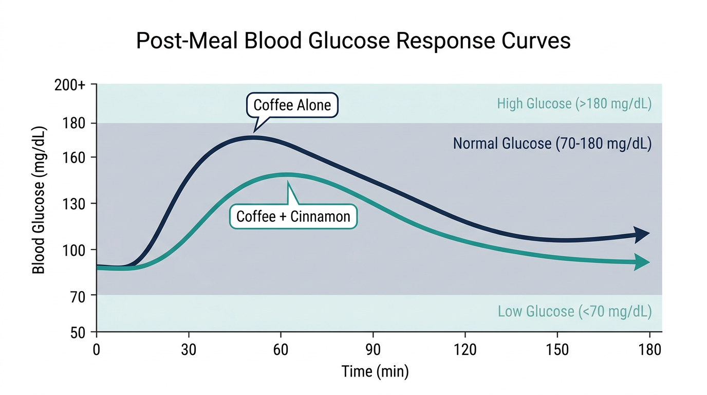 Schematic chart comparing blood glucose response after coffee alone versus coffee with cinnamon