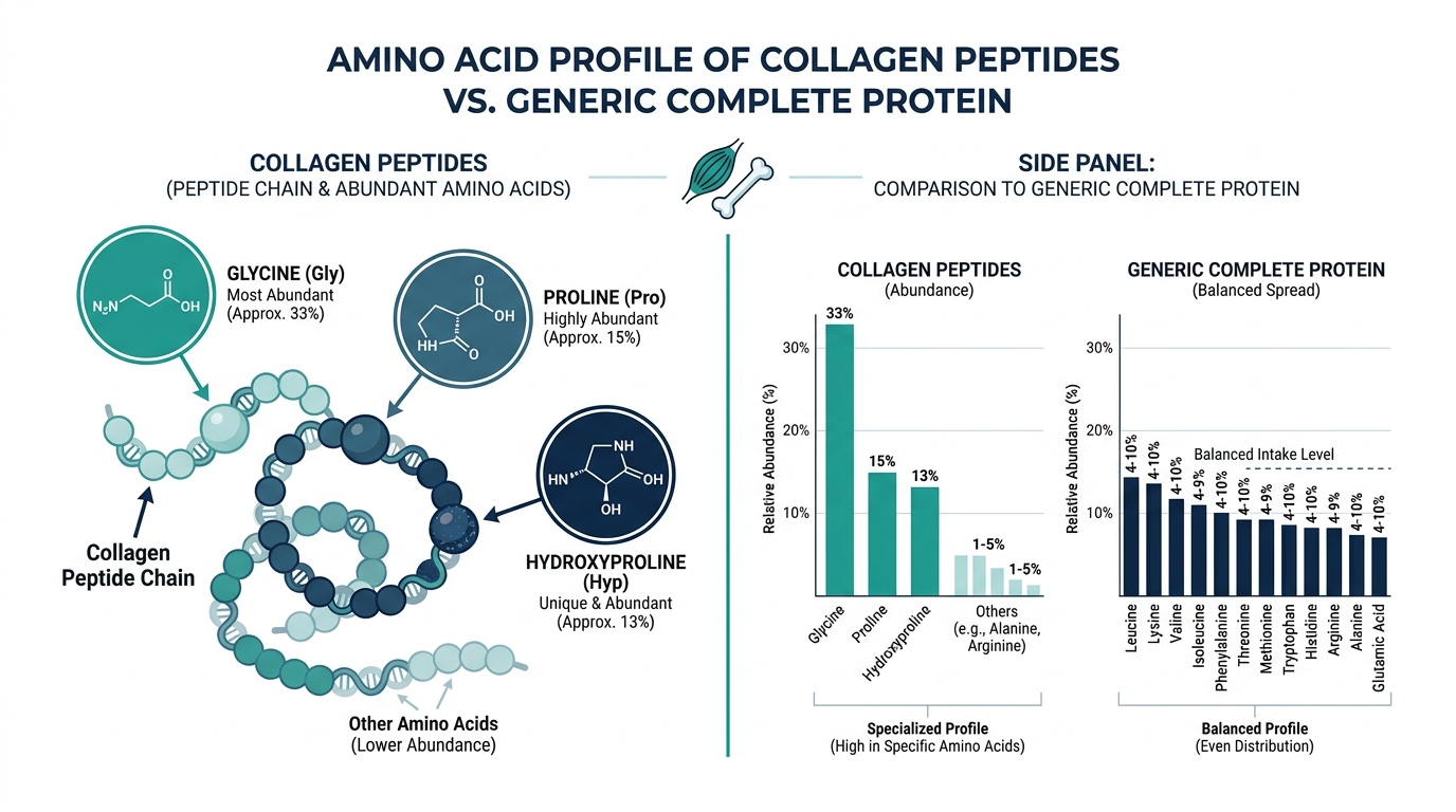 Diagram of the amino acid profile of collagen peptides highlighting glycine, proline, and hydroxyproline compared with a balanced complete protein