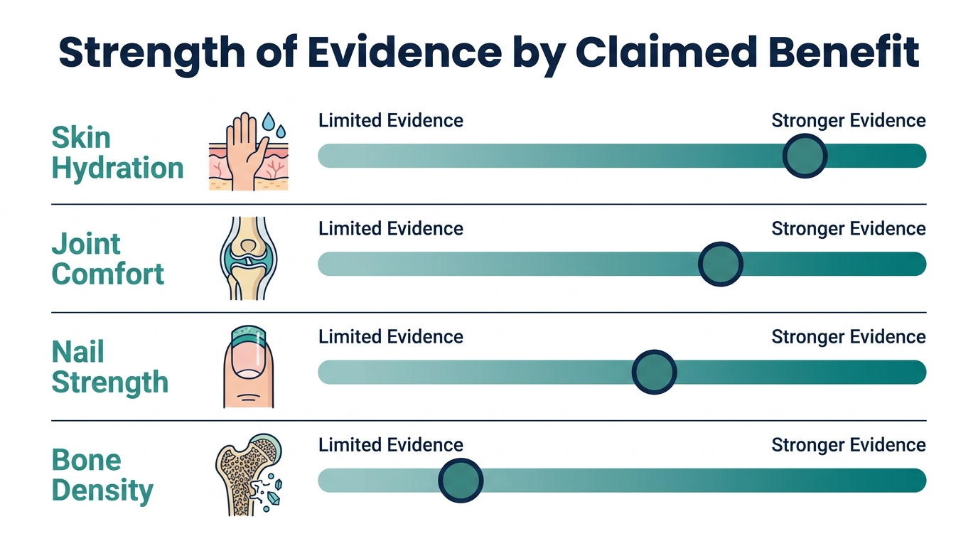 Chart comparing evidence strength for skin hydration, joint comfort, nail strength, and bone density claims