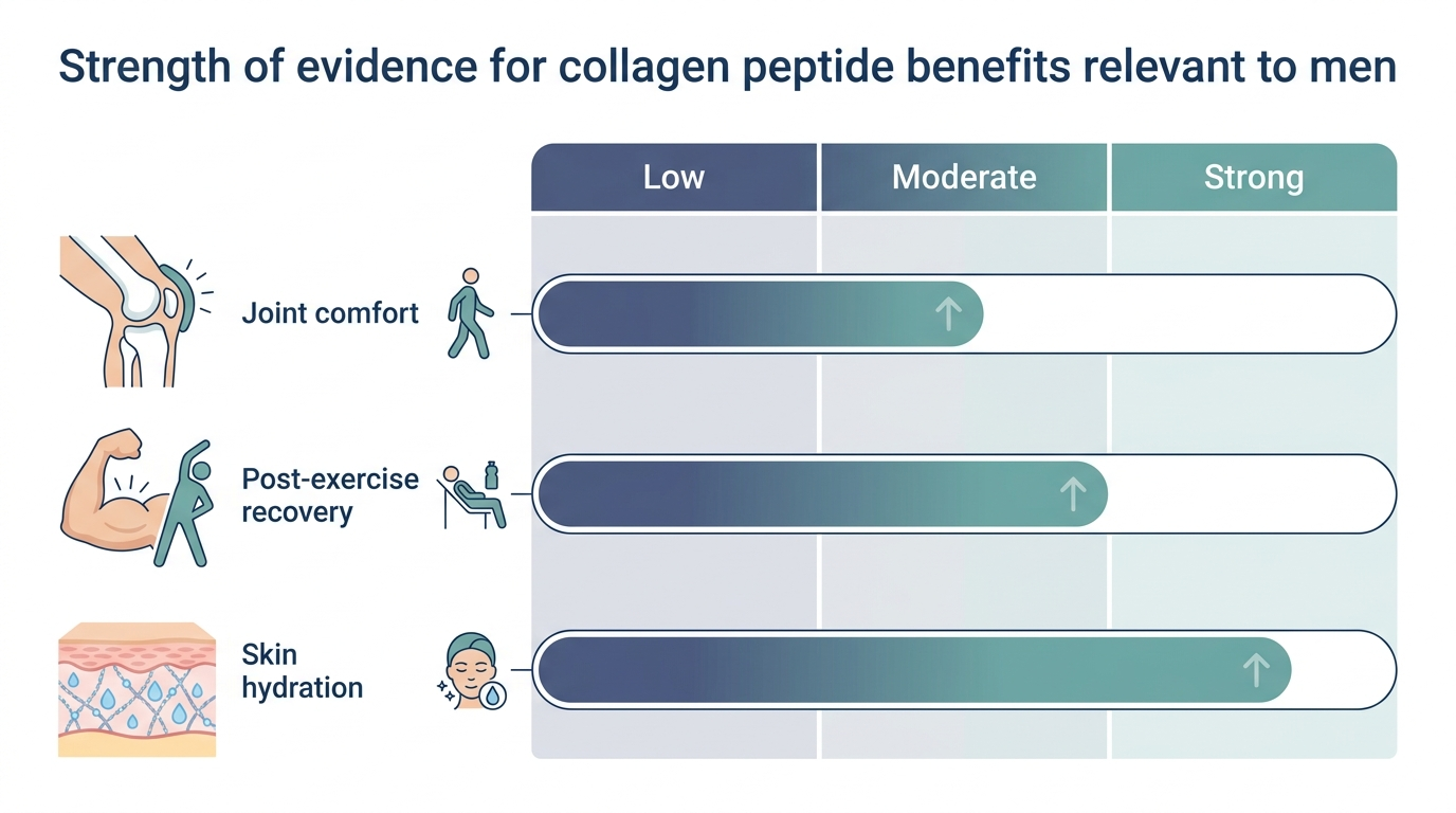 Chart showing strength of evidence bands for collagen peptide benefits in joint comfort, post-exercise recovery, and skin hydration
