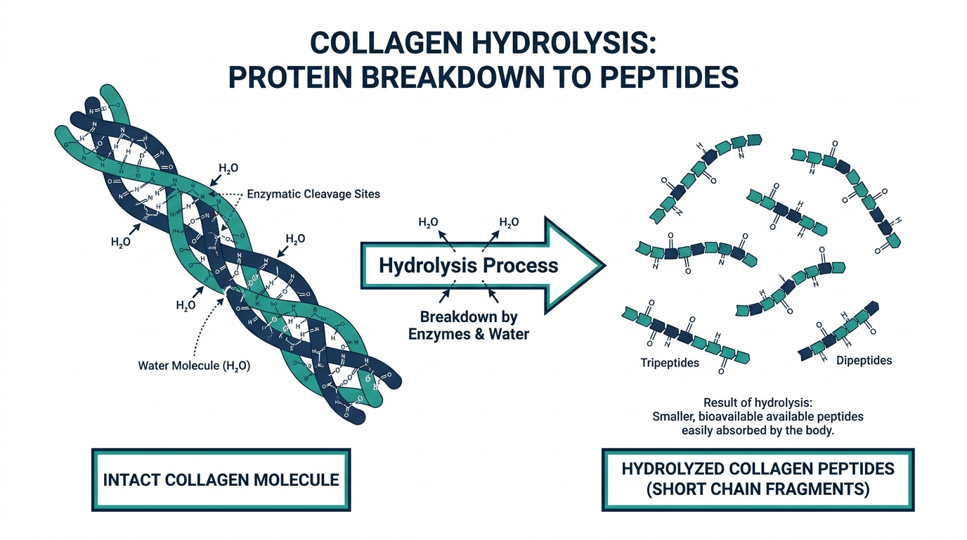 Diagram of hydrolysis breaking an intact collagen triple helix into small collagen peptide fragments
