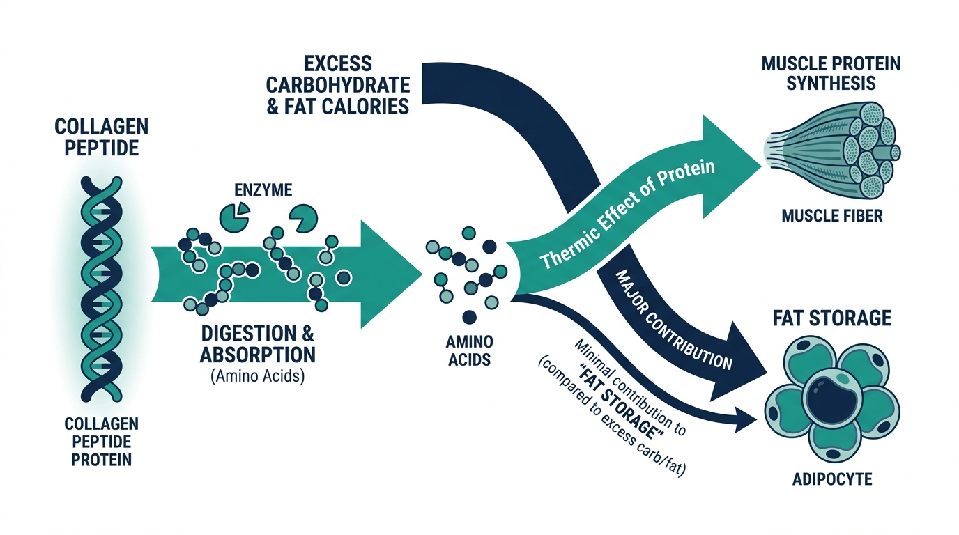 Diagram showing collagen peptide amino acids routed to muscle protein synthesis versus fat storage