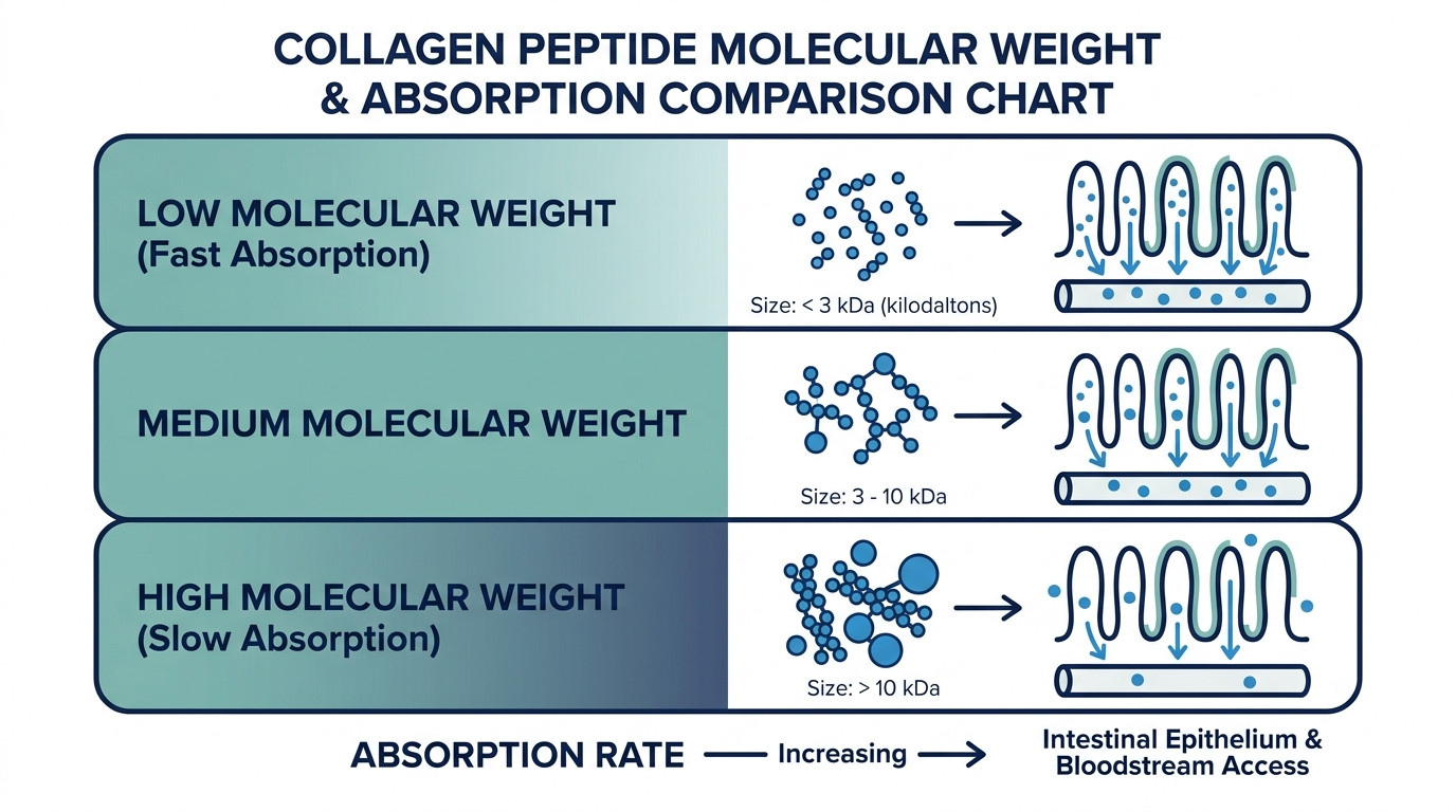 Schematic chart comparing low, medium, and high molecular weight collagen peptides and their absorption speed
