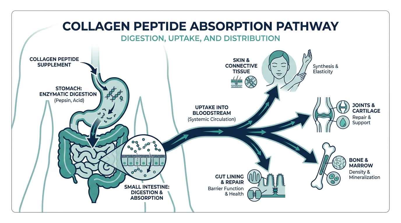 Diagram of collagen peptide absorption pathway from digestion into the bloodstream and distribution to skin, joints, bone, and gut lining