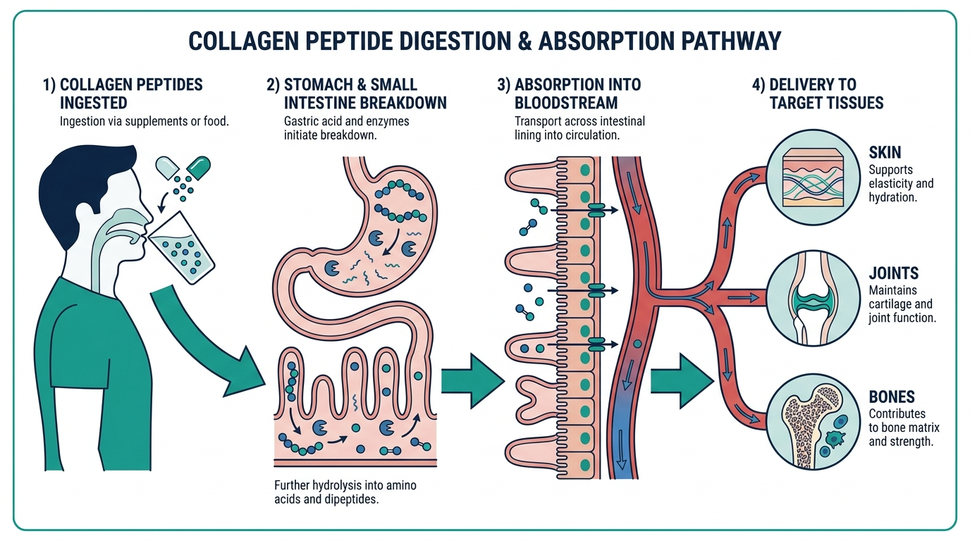 Diagram of collagen peptide digestion and absorption pathway from stomach to skin, joint, and bone tissue