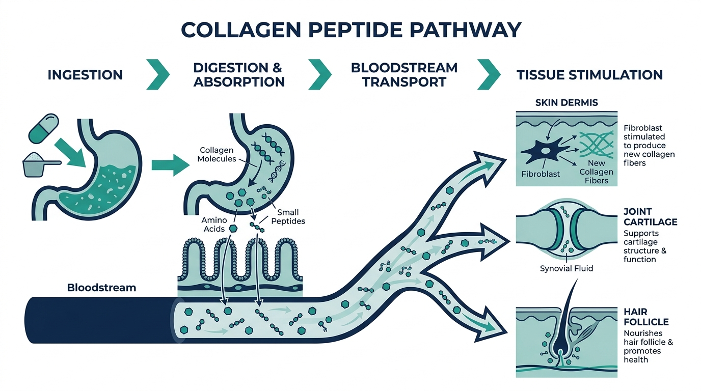 Diagram of collagen peptide digestion, absorption, and delivery to skin, joint, and hair tissue