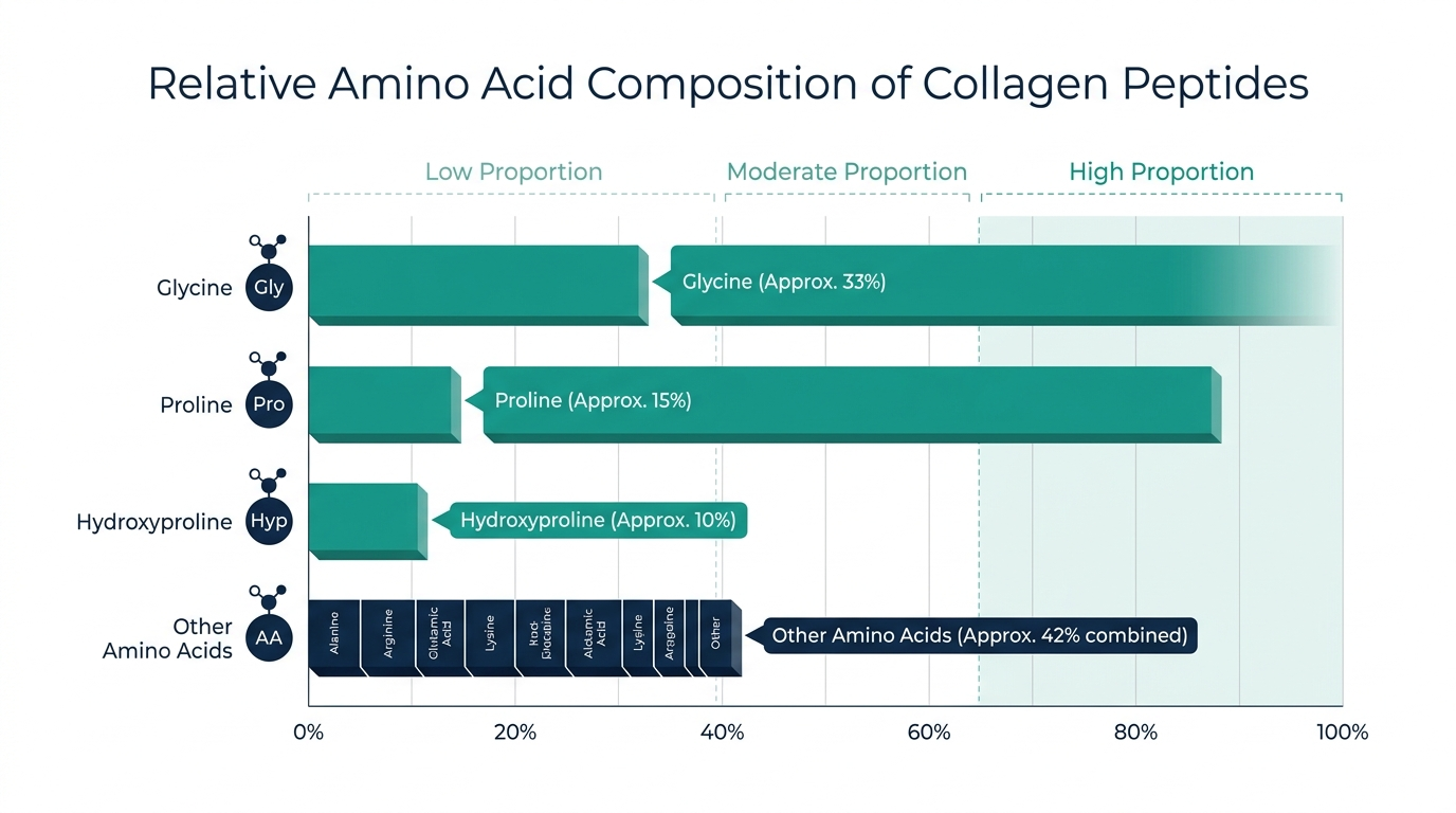 Schematic chart of relative amino acid composition in collagen peptides, glycine and proline shown as major components