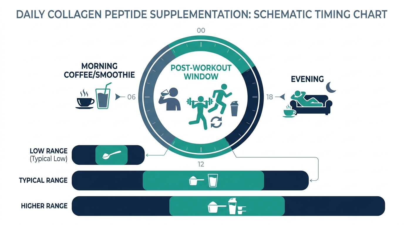 24-hour clock chart showing schematic timing zones for collagen peptide supplementation
