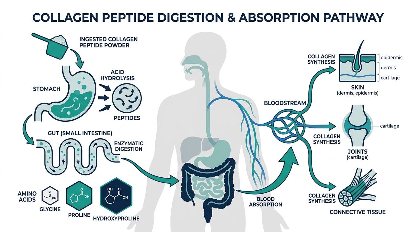 Diagram of collagen peptide powder digestion pathway from gut breakdown to amino acid absorption to skin and joint delivery
