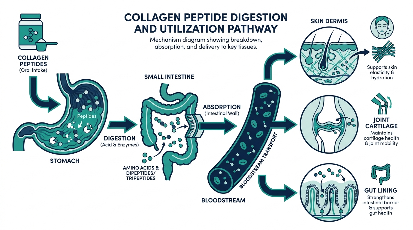 Diagram of collagen peptide digestion and absorption pathway to skin, joints, and gut