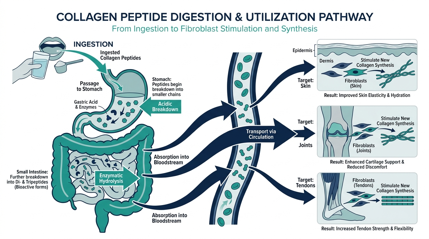 Diagram of collagen peptide digestion and absorption pathway from gut to skin, joints, and tendons