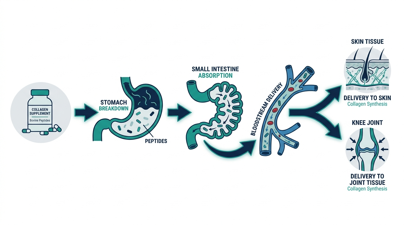 Pathway diagram showing how bovine collagen peptides are digested, absorbed, and delivered to skin and joint tissue