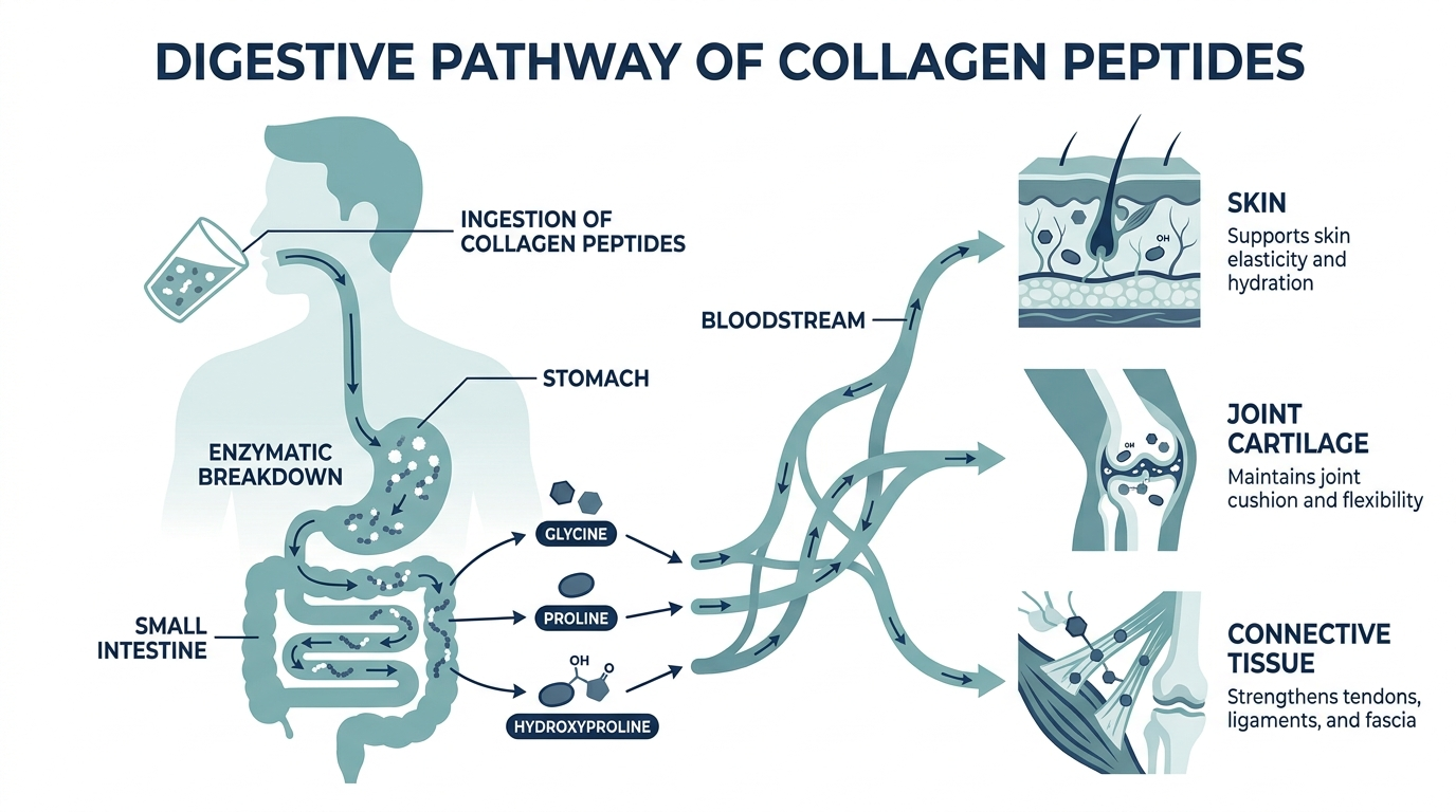 Diagram of collagen peptide digestion into amino acids and absorption into skin, joint, and connective tissue