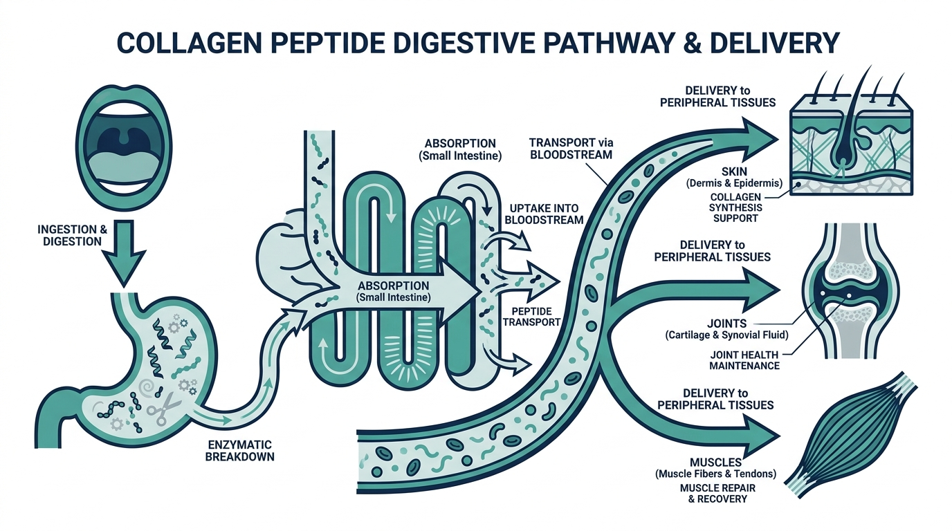 Diagram showing collagen peptides moving from digestion through the small intestine into the bloodstream and reaching skin, joints, and muscle