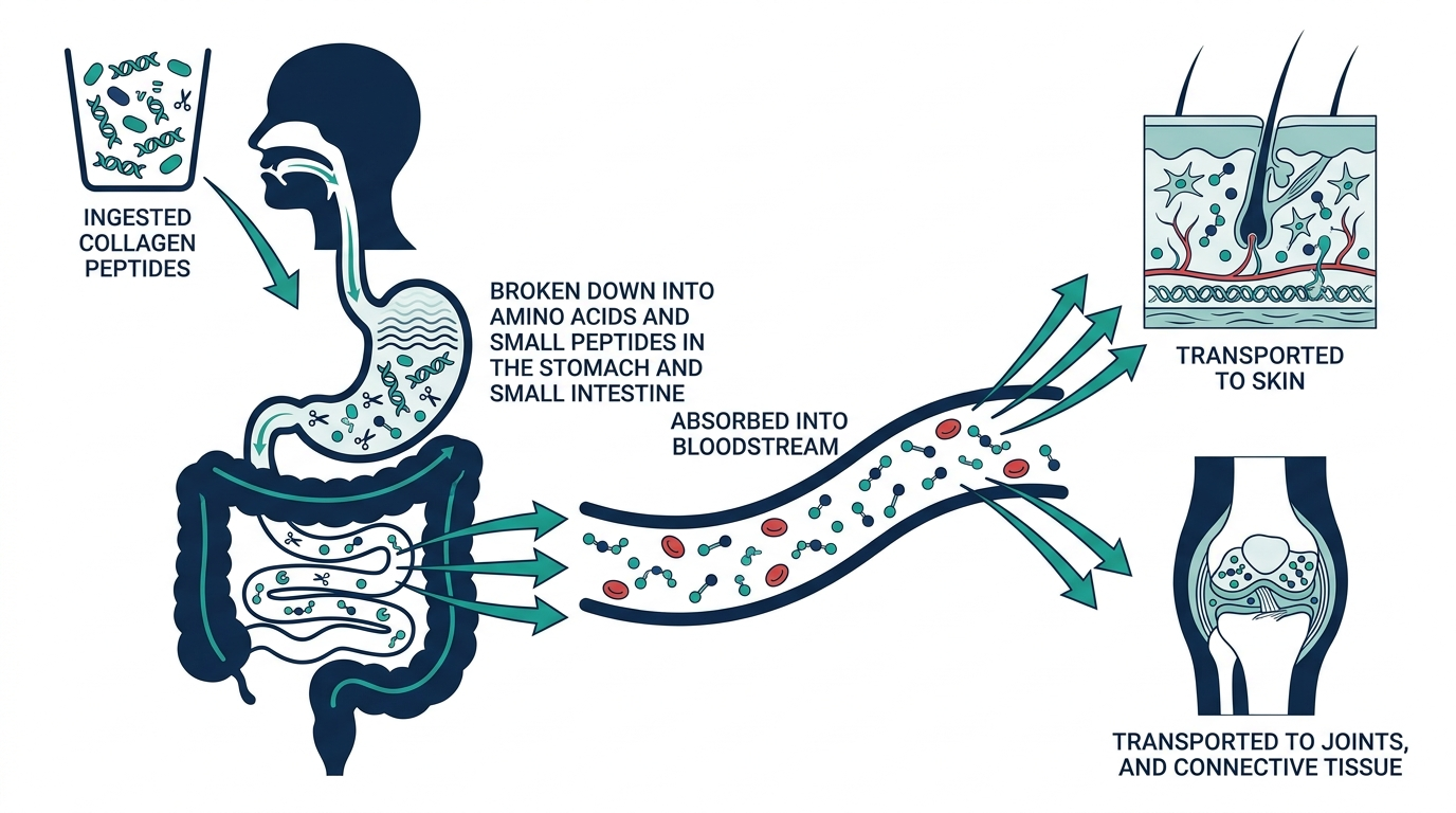 Diagram showing how ingested collagen peptides are broken down into amino acids in the digestive tract, absorbed into the bloodstream, and transported to skin and joint tissue
