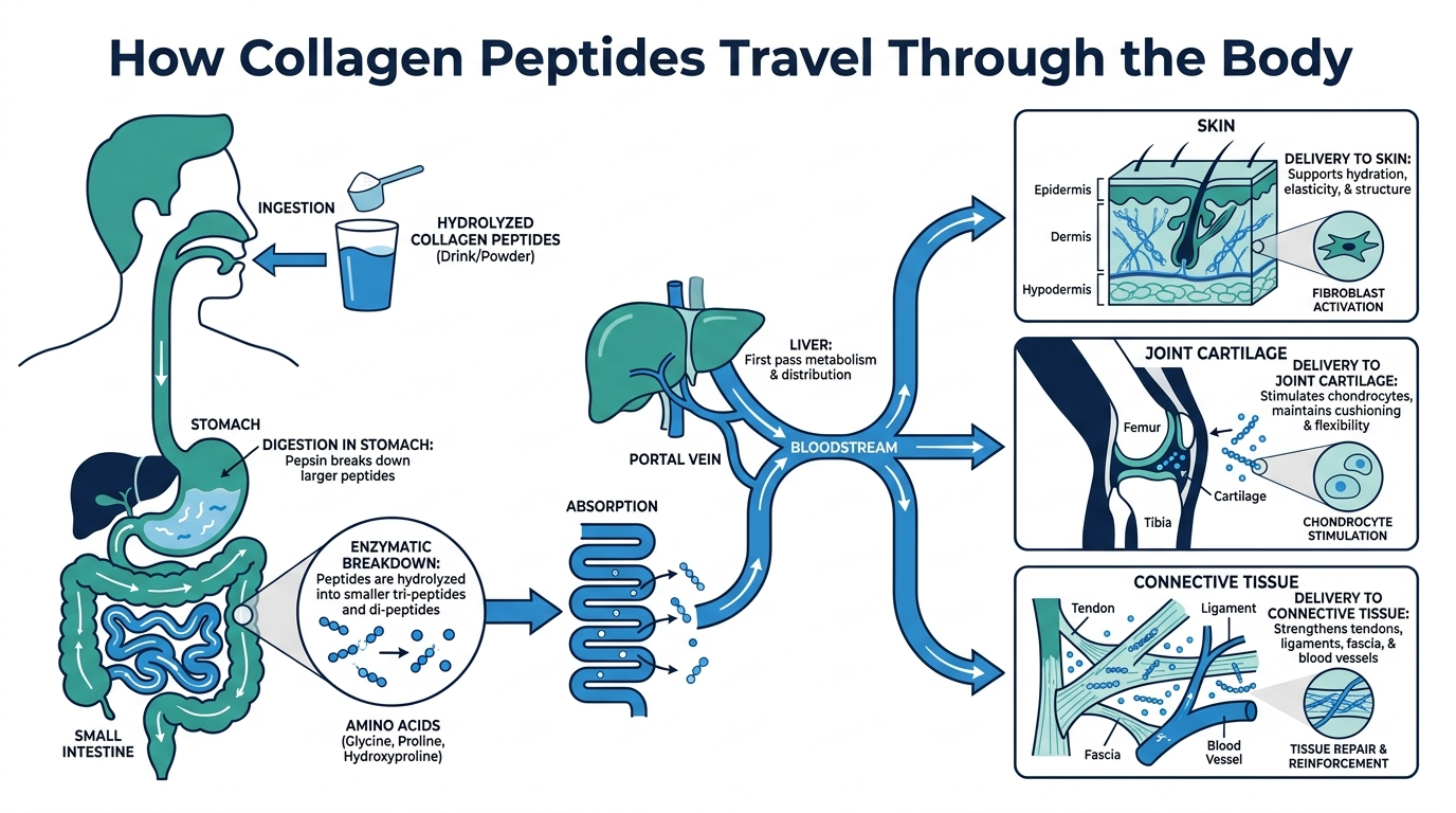 Diagram of hydrolyzed collagen peptides traveling from the digestive tract into the bloodstream and reaching skin, joint, and connective tissue
