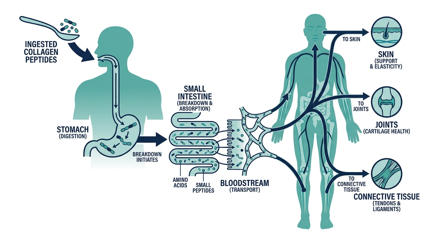 Pathway diagram showing how ingested collagen peptides are digested, absorbed into the bloodstream, and distributed to skin, joints, and connective tissue