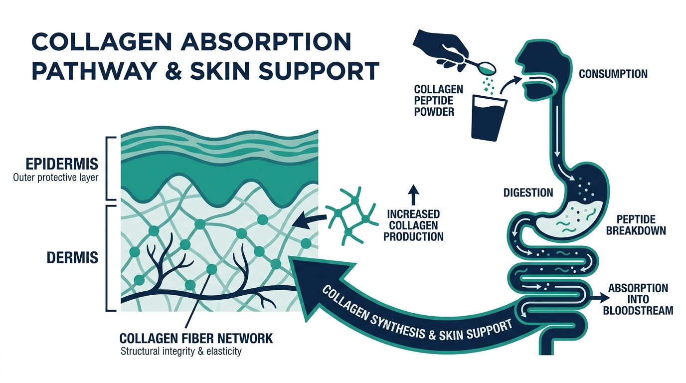 Diagram of skin layers with collagen fibers paired with a digestive tract icon showing how collagen peptide powder is consumed, digested, and absorbed