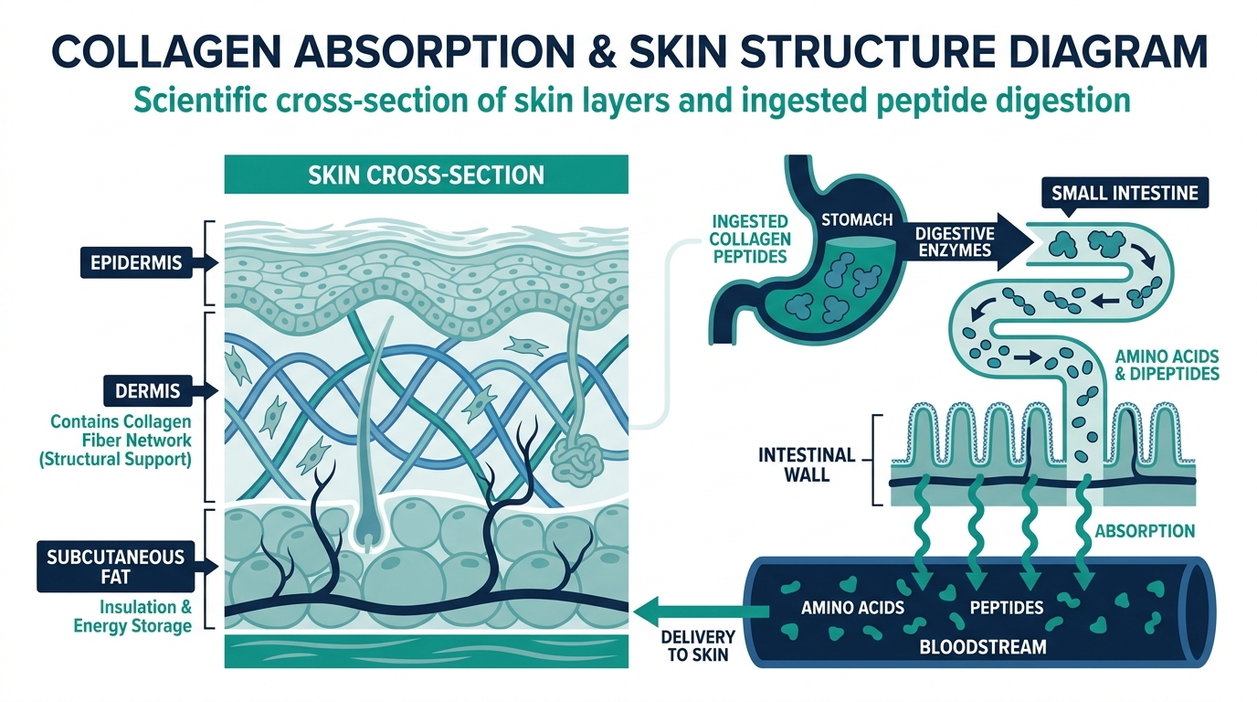 Diagram of skin layers showing collagen fibers in the dermis and how ingested collagen peptides are digested and absorbed into the bloodstream