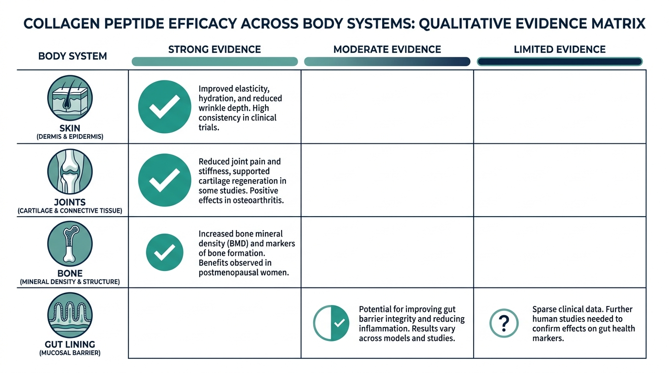 Matrix chart comparing evidence strength for collagen peptide effects across skin, joints, bone, and gut systems