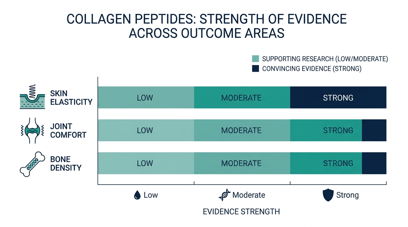 Schematic chart comparing strength of research evidence for collagen peptides on skin elasticity, joint comfort, and bone density