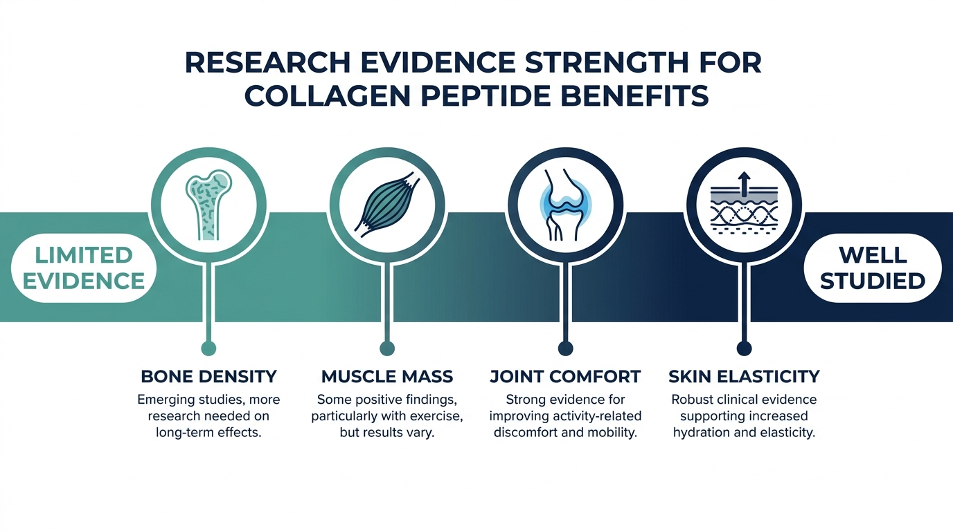 Chart showing relative research evidence strength for collagen peptide claims about skin elasticity, joint comfort, bone density, and muscle mass