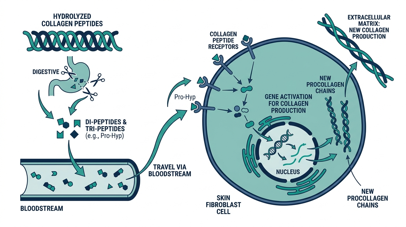 Diagram of hydrolyzed collagen peptide signaling fragments binding skin fibroblast receptors to trigger new collagen production