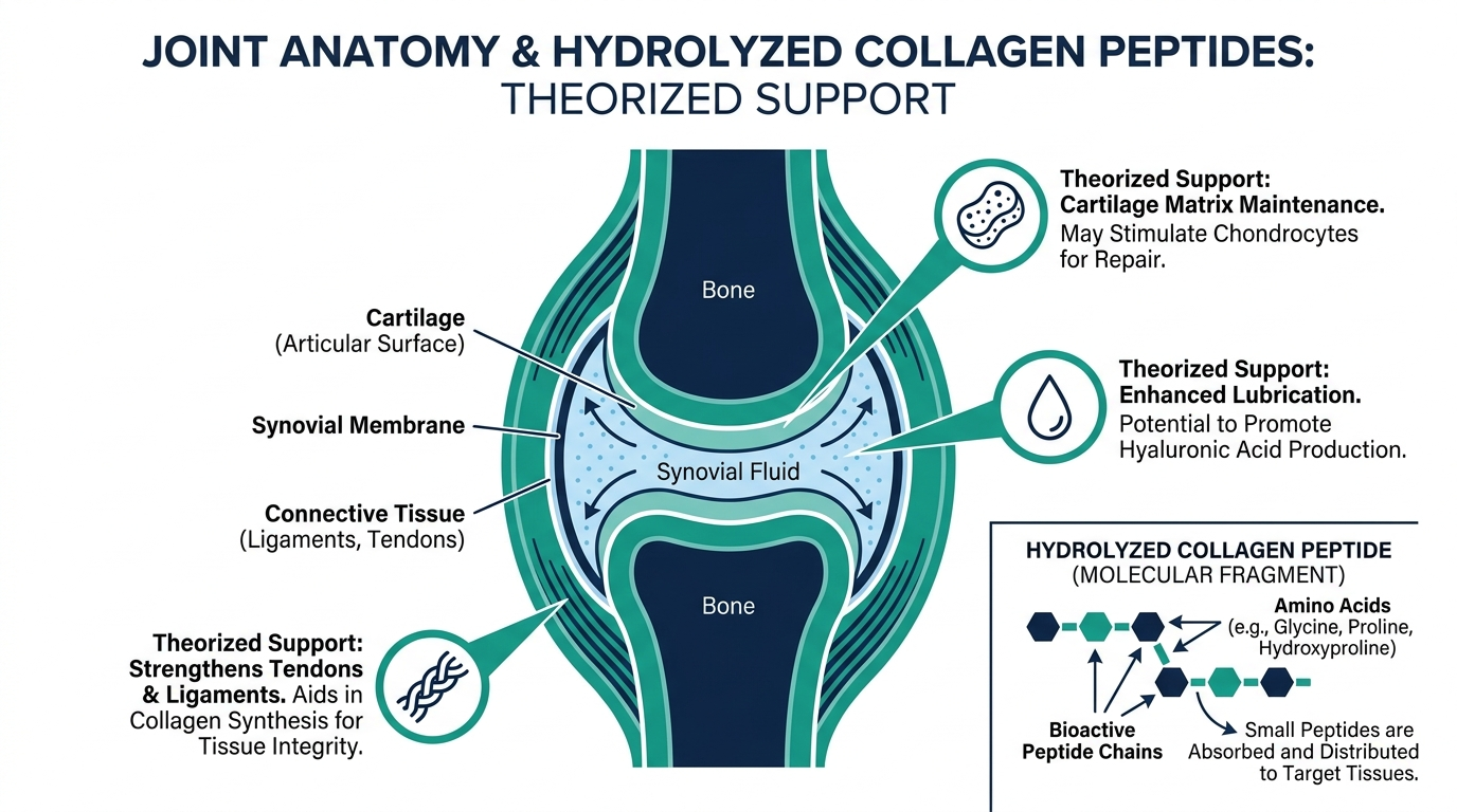 Diagram of joint anatomy showing cartilage and connective tissue alongside a hydrolyzed collagen peptide molecular chain