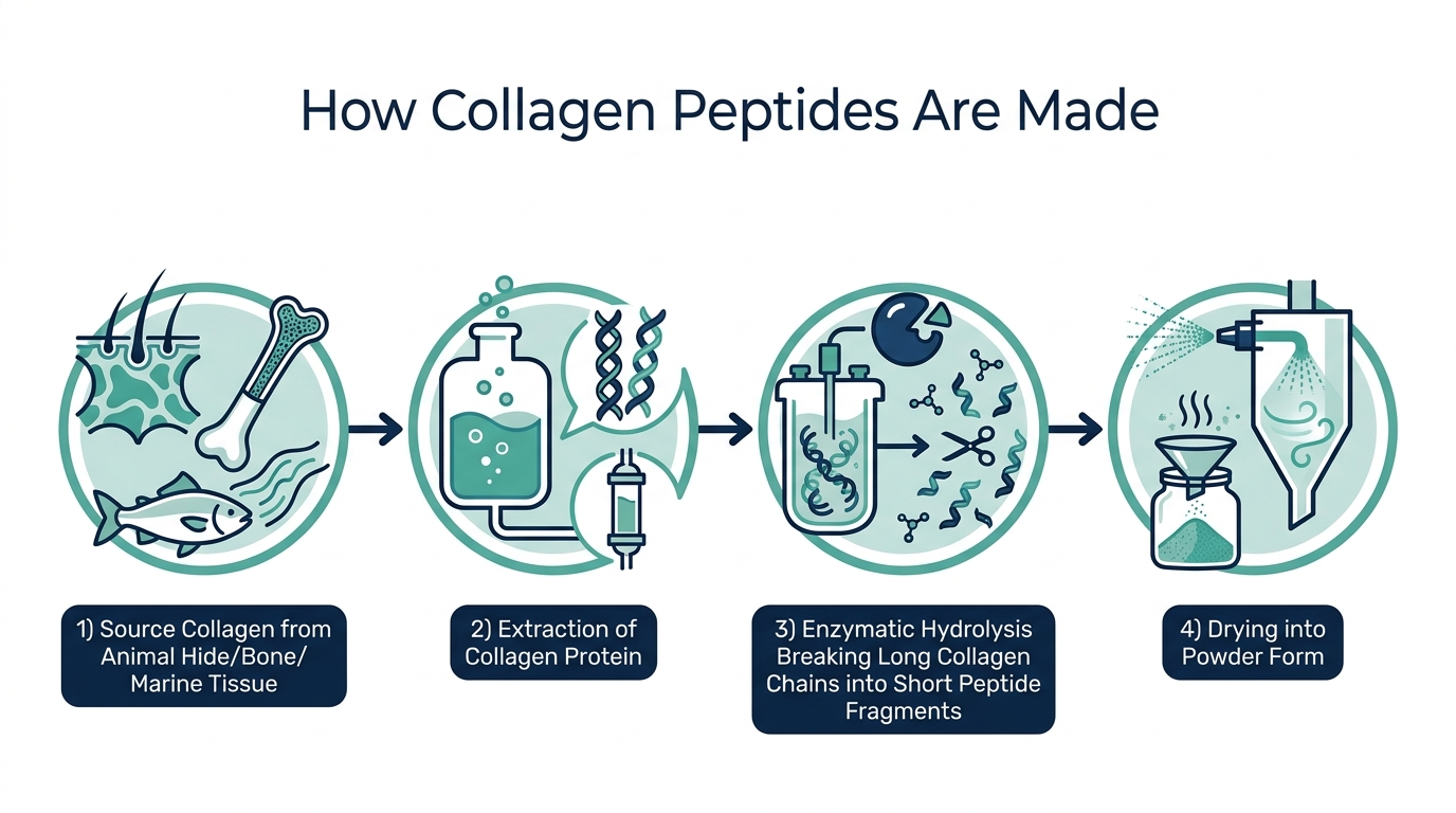 Four-step process flow diagram of how collagen peptides are made from source to powder