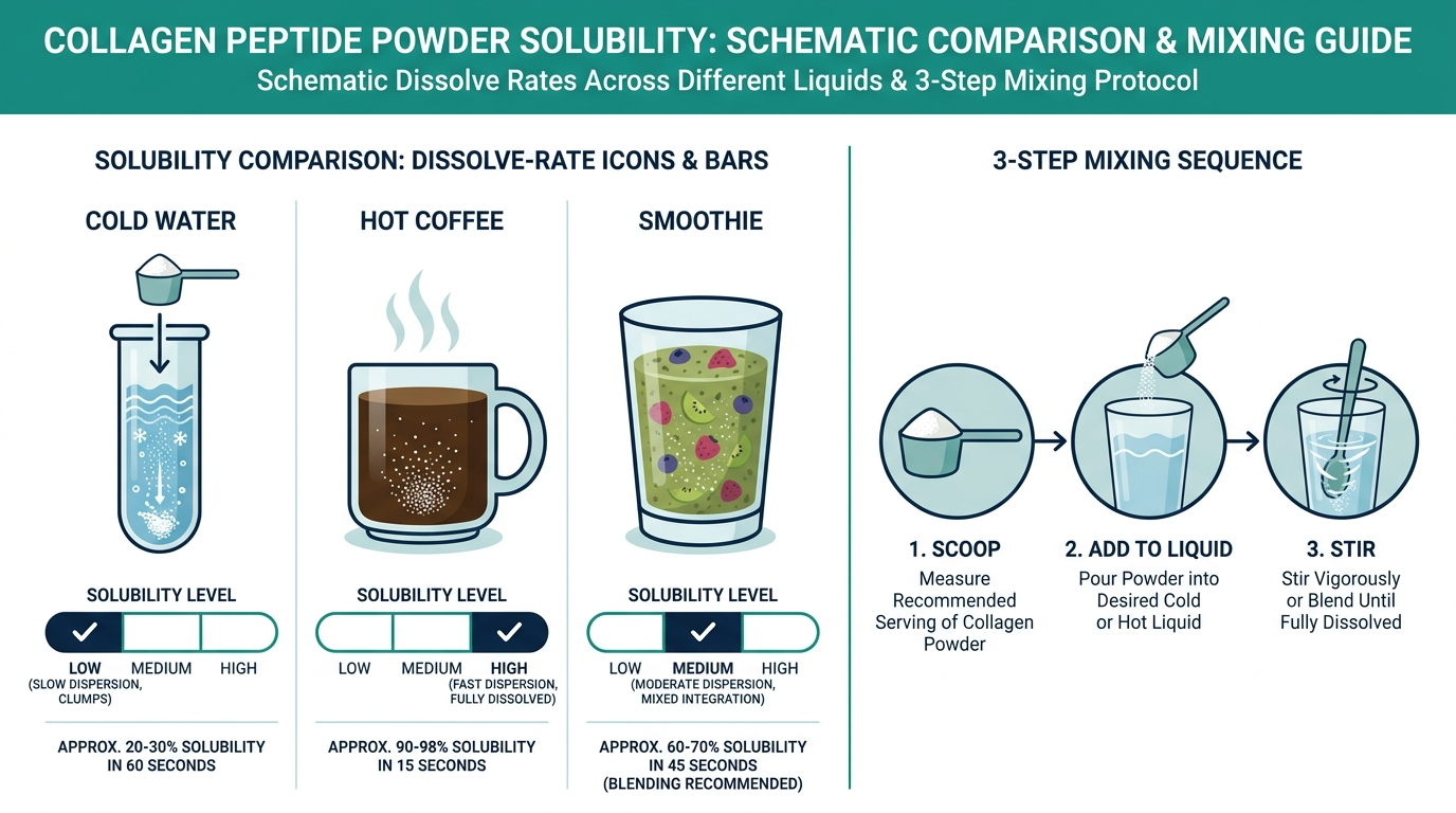 Schematic chart comparing collagen peptide powder solubility in water, coffee, and smoothies with a 3-step mixing guide