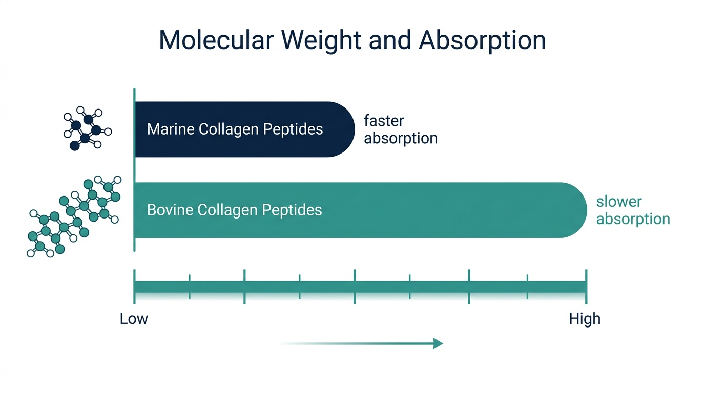 Schematic chart comparing molecular weight and absorption speed of marine collagen peptides versus bovine collagen peptides
