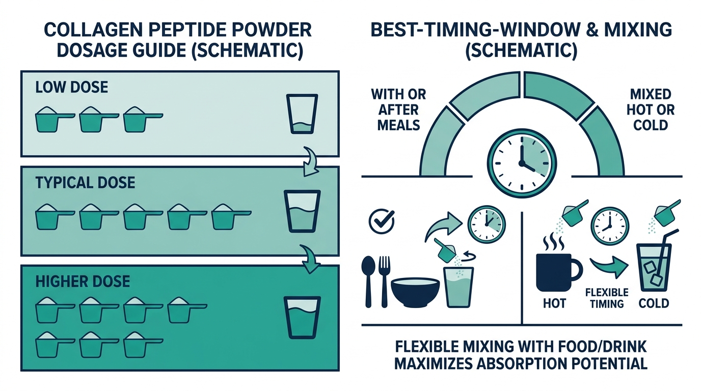 Schematic chart of low, typical, and higher dose bands and best timing window for collagen peptide powder