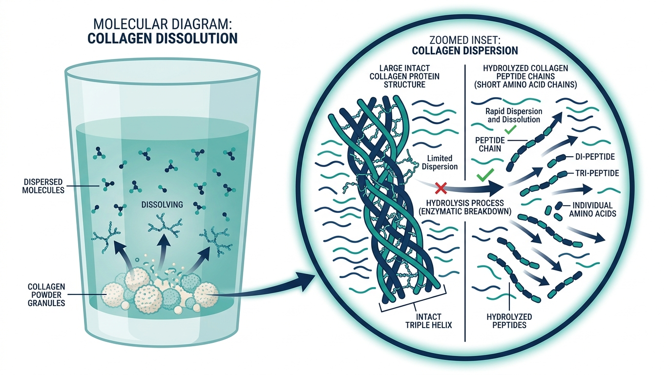 Molecular diagram of hydrolyzed collagen peptide chains dissolving in liquid compared to intact collagen protein